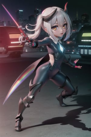 (masterpiece), best quality, expressive eyes, perfect face, (small brests), white hair, ((((blue and red eye)))), ((full body)), black and blue Dragon horns, (((((shadow outfit))))), (((battle shadow outfit))), small body, long hair, ((kid body)), (1 girl), (((futuristic city background))), (sexual pose), ((((rainbow lights details on the outfit)))), ((green details)), ((yellow details)), shadow, black silhouette, shadow of,aura of shadows, ((Blue details)), ((red details)), ((black armored shadow outfit))