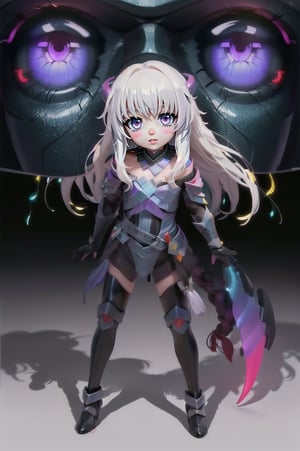 (masterpiece), best quality, expressive eyes, perfect face, (small brests), white hair, ((((blue and red eye)))), ((full body)), black and blue Dragon horns, (((((shadow outfit))))), (((shadow outfit))), small body, long hair, ((kid body)), (1 girl), (((futuristic city background))), (sexual pose), ((((rainbow lights details on the outfit)))), ((green details)), ((yellow details)), shadow, black silhouette, shadow of,aura of shadows, ((Blue details)), ((red details)), ((black armored shadow outfit))