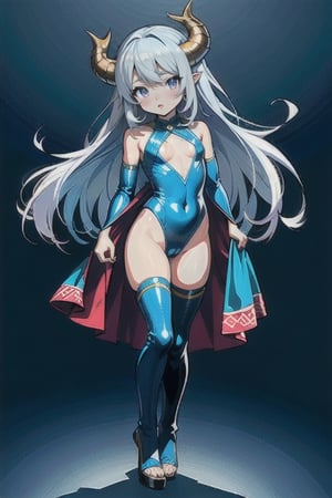 (masterpiece), best quality, expressive eyes, perfect face,(small brests), white hair, ((blue left eye)), (red right eye), full body,dragon horns, ((very revealing outfit)),((erotic outfit)), small body, long hair, (((kid body))),(1 girl), futuristic city background, ((sexual pose)) ,too young girl,(((baby body))),Pixel art