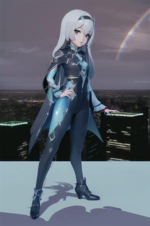 (masterpiece), best quality, expressive eyes, perfect face, (small brests), white hair, ((((blue and red eye)))), ((full body)), black and blue Dragon horns, (((((shadow outfit))))), (((shadow outfit))), small body, long hair, ((kid body)), (1 girl), (((futuristic city background))), (sexual pose), ((((rainbow lights details on the outfit)))), ((green details)), ((yellow details)), shadow, black silhouette, shadow of,aura of shadows, ((Blue details)), ((red details)), ((black armored shadow outfit))