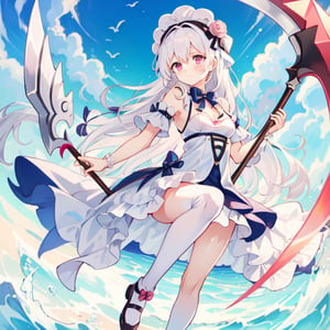 girl, white_hair,white_body,pink eyes,reveling cloches, tiny_breasts, holding a pink scythe,full_body