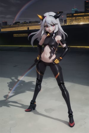 (masterpiece), best quality, expressive eyes, perfect face, (small brests), white hair, ((((blue and red eye)))), ((full body)), black and blue Dragon horns, (((((shadow outfit))))), (((battle shadow outfit))), small body, long hair, ((kid body)), (1 girl), (((futuristic city background))), (sexual pose), ((((rainbow lights details on the outfit)))), ((green details)), ((yellow details)), shadow, black silhouette, shadow of,aura of shadows, ((Blue details)), ((red details)), ((black armored shadow outfit))