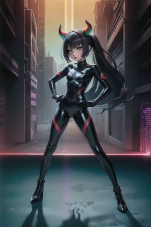 (masterpiece), best quality, expressive eyes, perfect face, (small brests), white hair, ((((blue and red eye)))), ((full body)), black and blue Dragon horns, (((((shadow outfit))))), (((battle shadow outfit))), small body, long hair, ((kid body)), (1 girl), (((futuristic city background))), (sexual pose), ((((rainbow lights details on the outfit)))), ((green details)), ((yellow details)), shadow, black silhouette, shadow of,aura of shadows, ((Blue details)), ((red details)), ((black armored shadow outfit))