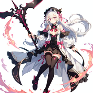 girl, white_hair,white_body,pink eyes,reveling cloches, tiny_breasts, holding a pink scythe,full_body