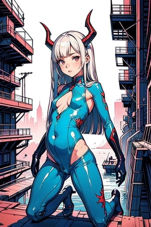 (masterpiece), best quality, expressive eyes, perfect face,(small brests), white hair, ((blue left eye)), (red right eye), full body,dragon horns, ((very revealing outfit)),((erotic outfit)), small body, long hair, (((kid body))),(1 girl), futuristic city background, ((sexual pose)) ,too young girl,(((baby body)))