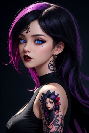 goth, black, vampire look, gothic girl, dark, eyeliner, wearing black t-shirt, tatoo, colorful hair, cinematic, jealous look, lighting, gothic maiden, side view, very nice pose, seductive posing, grunge, best quality, colorful, finely detailed beautiful eyes and detailed face, bust shot, model pose
extremely detailed CG unity 8k wallpaper