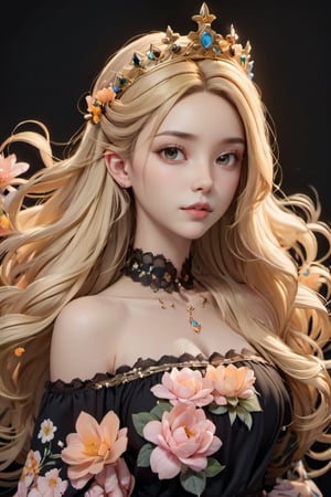 black background, long hair, solo, parted lips, crown, lips, flower, 1girl, upper body, blonde hair, dress, looking at viewer
