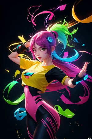  A vibrant, modern t-shirt design featuring a flat, anime, cyberpunk , vector illustration with a dark background and a colorful gradient. dancing, whole body, nice dance pose, wearing leggings, with splatter paints on background & neon lights
extremely detailed CG unity 8k wallpaper