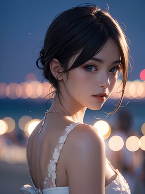 (best quality, masterpiece:1.2),ultra detailed,(photo realistic:1.4),solo,sexy lady,summer lace dress,night beach,blurry_light_background