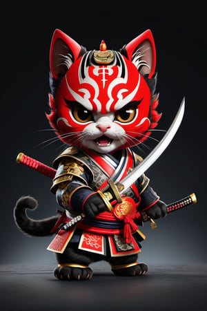 a small angry black kitten in a samurai costume, showing teeth, waving a katana, high detail, a lot of small details