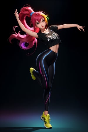  A vibrant, modern t-shirt design featuring a flat, anime, cyberpunk , vector illustration with a dark background and a colorful gradient. dancing, whole body, nice dance pose, wearing leggings
extremely detailed CG unity 8k wallpaper