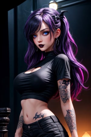 goth, black, vampire look, gothic girl, dark, eyeliner, wearing plain black t-shirt, tatoo, colorful hair, cinematic, jealous look, lighting, gothic maiden, very nice pose, seductive posing, grunge, best quality, colorful, finely detailed beautiful eyes and detailed face, model pose, wearing pants
extremely detailed CG unity 8k wallpaper,1 girl