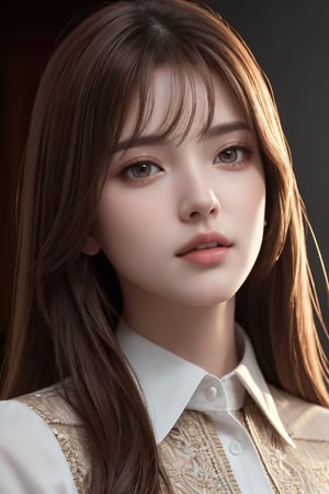 photorealistic, masterpiece, best quality, raw photo, 1girl, solo, long hair, brown hair, detailed face, alluring face, collared shirt, medium breasts, dynamic pose, looking at viewer, from below, detailed background, fine detailed, intricate detail,  ray tracing, depth of field, low key, hdr