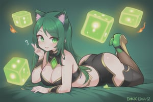 Female Rubick , Dota 2 , naughty , 4k , HD , High Resolution , big Eyes , sexy Pose , huge Curves , Cute , Green Cubes in the Air , green-flame-hand , Cat-ears ,Huge-eyes , big-ass  