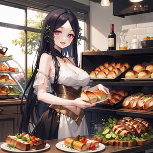 (masterpiece:1.2), best quality, roast chicken, vegetable, bread, shinny,titania1, smile, :d, standing, presenting food, star_(symbol), looking at viewer, black hair, purple eyes