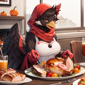 (masterpiece:1.2), best quality, roast chicken, vegetable, bread, Anthro, Avian, Bird, Beak, winged-arms, Claws, Beakjob, turkey, dinner time, (Thanksgiving), presenting food, orange theme