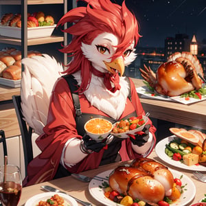 (masterpiece:1.2), best quality, roast chicken, vegetable, bread, Anthro, Avian, Bird, Beak, Claws, Beakjob, turkey, dinner time, (Thanksgiving), presenting food, orange theme, night,Thanksgiving turkey