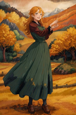 Vincent van Gogh style, a girl in autumn with rain, mountains, and trees. Dynamic pose, happy and amazed expression, gigantism, and blurry background. Illustration and character design with a thematic background and warm colors.c