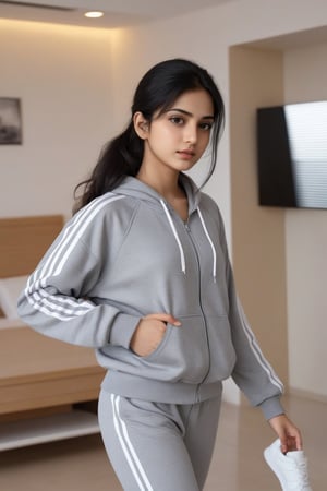 a cute hot sexy hindu girl walking in her room , she must wear grey track suit,  white sneakers, Extremely Realistic,  , perfect , ultra sharp,  realistic skin , perfect, hand , face looks like just now waked up 