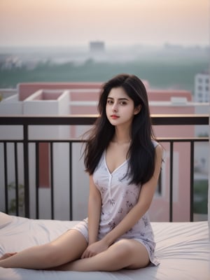 1girl, solo, hindu, looking at viewer, black hair, dress, brown eyes, long hair, closed mouth,face msrks, facial mark, short night printed wear, sitting on bed, morning balcony view 