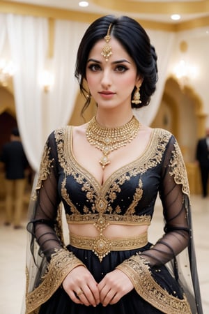 a cute punjabi girl standing , Extremely Realistic, perfect , ultra sharp,  realistic skin , perfect, hand , gorgeous face  , , low quality , black hair, arabian wedding dress , golden, jewellery , brown eyes, realistic, 