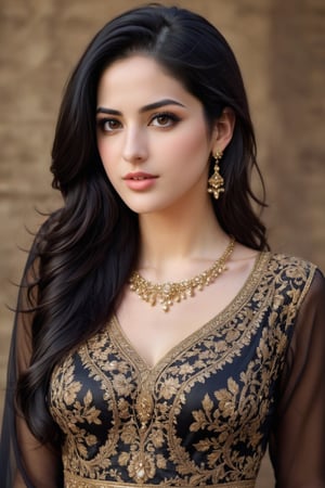 a cute punjabi girl standing , Extremely Realistic, perfect , ultra sharp,  realistic skin , perfect, hand , gorgeous face  , , low quality , black hair, arabian  dress ,hot dress , brown eyes, realistic, 