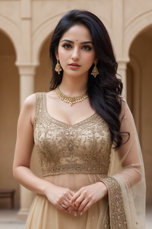 a cute punjabi girl standing  , Extremely Realistic, perfect , ultra sharp,  realistic skin , perfect, hand , gorgeous face , looking at right side, low quality , black hair, stylish dress , jewellery , brown eyes, realistic