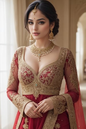 a cute hot sexy punjabi girl walking , Extremely Realistic, perfect , ultra sharp,  realistic skin , perfect, hand , face looks like just now waked up looking at right side, low quality , bkack hair, wedding dress , jewellery, gold , dupatta, closed eyes, legs, realistic