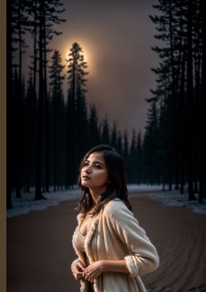 "A vision of elegance, a 18 years old young hot sexy Indian gorgeous girl radiates confidence with dashing dress ,turning heads and capturing hearts , lying in the sand , smiling, open golden hairs,dynamic pose, cleavage, jacket, shirt, fur, forest, winter, snow, from above, stunning intricate photo, dynamic pose, nocturne dreamy serene atmosphere, flickering light, photorealistic, epic realistic, soft cinematic light, warm lights, dramatic light, depth of field, faded, low saturation, muted colors, complex background, hyperdetailed, hyperrealism