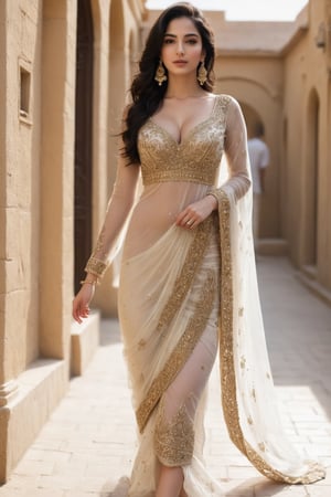 a cute hot sexy punjabi girl walking , Extremely Realistic, perfect , ultra sharp,  realistic skin , perfect, hand , face looks like just now waked up looking at right side, low quality , bkack hair, wedding dress , jewellery, gold , closed eyes, legs, realistic