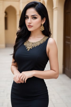 a cute punjabi girl standing  , Extremely Realistic, perfect , ultra sharp,  realistic skin , perfect, hand , gorgeous face , looking at right side, low quality , black hair, stylish dress , black dress, golden, jewellery , brown eyes, realistic