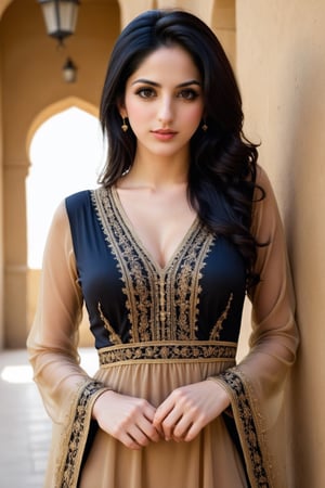 a cute punjabi girl standing , Extremely Realistic, perfect , ultra sharp,  realistic skin , perfect, hand , gorgeous face  , , low quality , black hair, arabian  dress ,hot dress , brown eyes, realistic, 