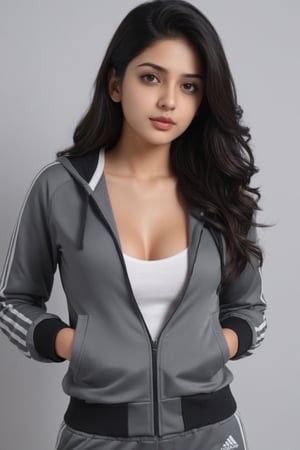 a cute hot sexy hindu girl walking in room ,she is  wearing grey jacket on black tanktop with grey track suit, Extremely Realistic,  , perfect , ultra sharp,  realistic skin , perfect, hand , face looks like just now waked up looking at right 