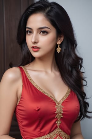 a 20 yo, hot, young ,punjabi girl ,standing  , Extremely Realistic, perfect , ultra sharp,  realistic skin , perfect, hand , gorgeous face , looking at right side, low quality , black hair, designer wear , red dress , printed  , hot  , jewellery , brown eyes, realistic, open mouth , 