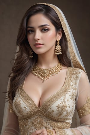 a cute hot sexy punjabi girl walking , Extremely Realistic, perfect , ultra sharp,  realistic skin , perfect, hand , face looks like just now waked up looking at right side, low quality , breasts, brown hair, wedding dress , jewellery, gold , dupatta, medium breasts, closed eyes, legs, realistic