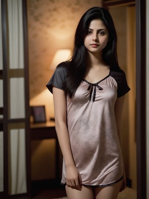 1girl, solo, hindu, looking at viewer, black hair, dress, brown eyes, long hair, closed mouth,face msrks, facial mark, sexy printed nighty , standing in room , low lights , 