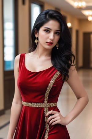 a 20 yo, hot, young ,punjabi girl ,walking in halll   , Extremely Realistic, perfect , ultra sharp,  realistic skin , perfect, hand , gorgeous face , looking at right side, low quality , black hair, designer wear ,weading dress , red dress ,  , jewellery , brown eyes, realistic, open mouth , 