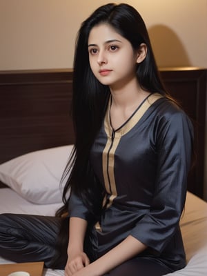 1girl, solo, hindu, looking at left side, black hair, dress, brown eyes, long hair, closed mouth,face msrks, facial mark, night suit , sitting on bed