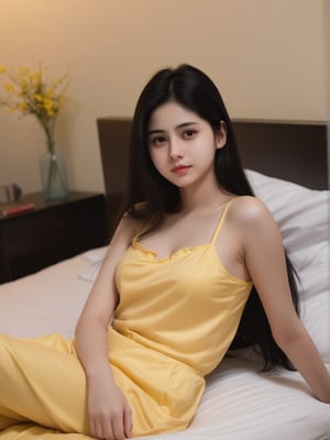 1girl, solo, hindu, looking at viewer, black hair, dress, brown eyes, long hair, closed mouth,face msrks, facial mark, short night yellow wear, sitting on bed