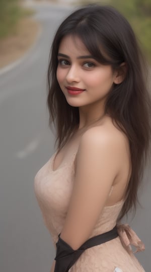 (Realistic 4k) (super realistic) 24yo indian girl Perfect four head ,(rounded sprinkle Eyes) (browneyes ) ( nose shape include short straight,  snub,) (red heart bow lips, )(rough soft skin) , (thik soft cheeks) (wide square round shape face) , (natural beauty),( dark black hair) , (looking at right side)smiling  (perfect body shape) ( midium hips) (standing on road) (nature background)
 