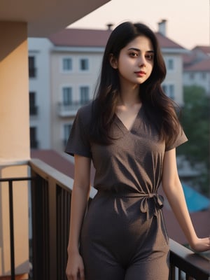 1girl, solo, hindu, looking at viewer, black hair, dress, brown eyes, long hair, closed mouth,face msrks, facial mark, short night printed wear, standing against grill ,morning , balcony background 