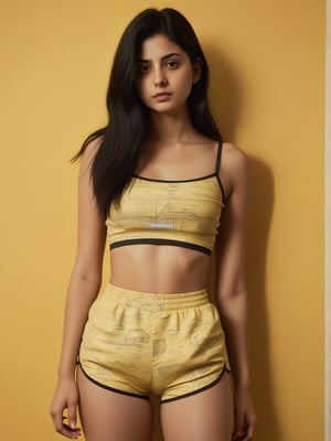 1girl, solo, hindu, looking at viewer, black hair, dress, brown eyes, long hair, closed mouth,face msrks, facial mark, sexy printed crop top and shorts, standing in room , low lights , yellow painted wall