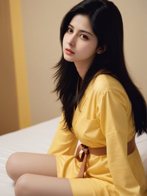 1girl, solo, hindu, looking at left side, black hair, dress, brown eyes, long hair, closed mouth,face msrks, facial mark, sexy night yellow wear, sitting on bed