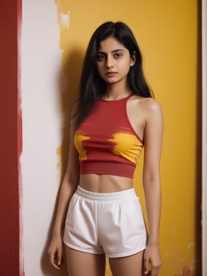 1girl, solo, hindu, looking at viewer, black hair, dress, brown eyes, long hair, closed mouth,face msrks, facial mark, sexy printed offneck red crop top and white shorts, standing in room , low lights , yellow painted wall background 