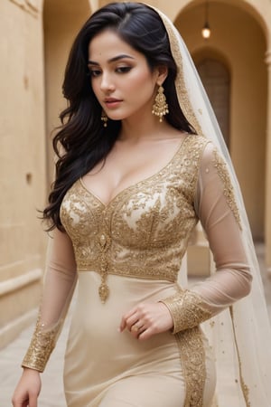 a cute hot sexy punjabi girl walking , Extremely Realistic, perfect , ultra sharp,  realistic skin , perfect, hand , face looks like just now waked up looking at right side, low quality , bkack hair, wedding dress , jewellery, gold , closed eyes, legs, realistic