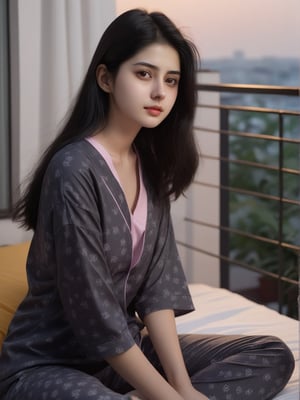 1girl, solo, hindu, looking at viewer, black hair, dress, brown eyes, long hair, closed mouth,face msrks, facial mark, short night printed wear, sitting on bed, morning balcony view 