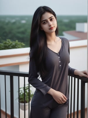 1girl, solo, hindu, looking at viewer, black hair, dress, brown eyes, long hair, closed mouth,face msrks, facial mark, short night printed wear, standing against grill morning balcony view 