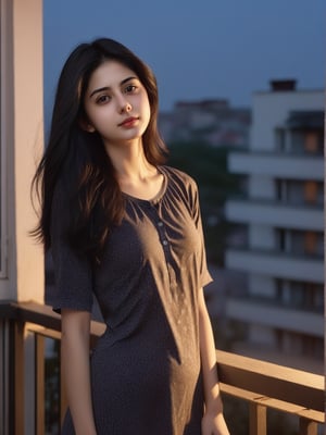 1girl, solo, hindu, looking at viewer, black hair, dress, brown eyes, long hair, closed mouth,face msrks, facial mark, short night printed wear, standing against grill ,morning , balcony background 