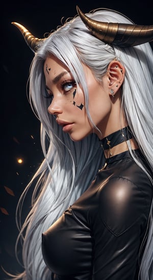 1girl, solo, long hair, long sleeves, jewelry, upper body, white hair, horns, choker, pointy ears, hand up, lips, fingernails, profile, glowing, colored skin, halo, facial mark, ring, demon horns, glowing eyes, long fingernails, nose, fantasy, sharp fingernails, white eyes