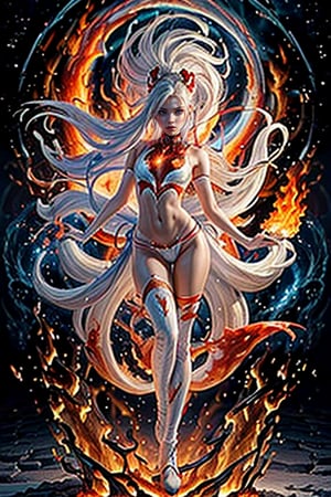 extreme detailed, (masterpiece), (top quality), (best quality), (official art), (beautiful and aesthetic:1.2), (stylish pose), 1girl, (colorful), (white, red, ice, fire, vortex theme: 1.5), full body, ((slim body)), ((petite)), long hair, ((skinny)), looking at viewer, 